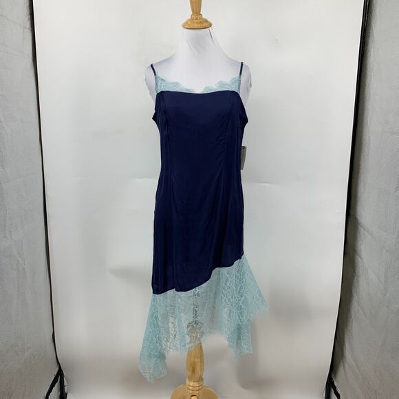 Anthropologie Slip Dress Womens 6 Navy Lace Trimmed Satin Back Zip Shelf Bra - Picture 2 of 16